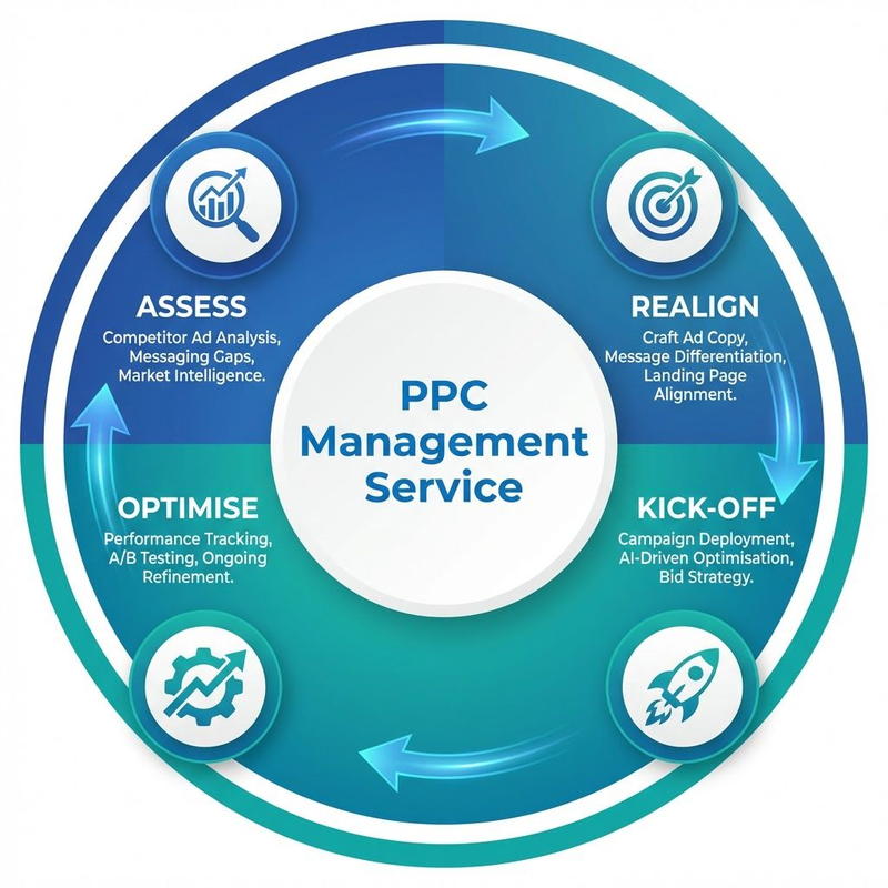 PPC Management four-phase process: Assess, Realign, Kick-off, Optimise